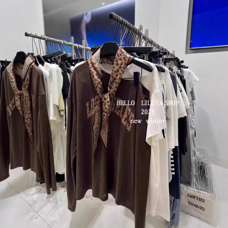 Own Factory Summer New Leopard Print Letter Slanted Shoulder Long-Sleeved T-Shirt Women's Slim Sun Protection Blouse