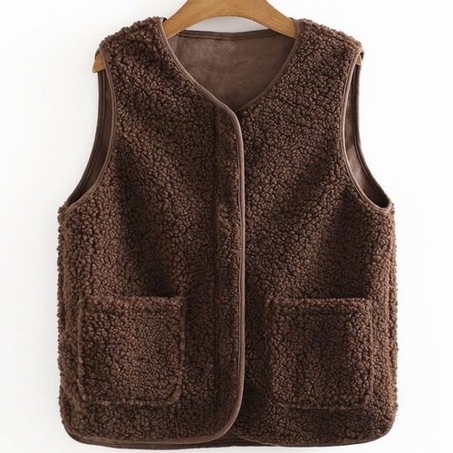 New Spring and Autumn Season Granulated Fleece Vest, Granulated Fleece Padded Vest for Women, Coat-style Backless Fleece Vest with Leather and Fleece Combination