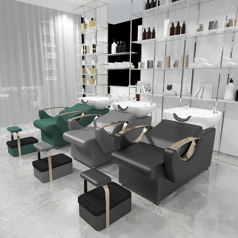 Barbería cama de lavado de cabello semi-recostada cama de lavado de cabello salón de peluquería lavabo de cerámica sillón con pedal cama de lavado de cabello de cuero