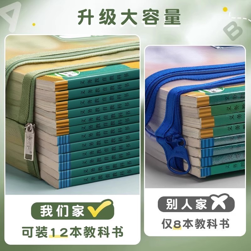 a4双层网纱袋科目分类加宽加厚文件袋初中生收纳袋小学生拉链式手|undefined