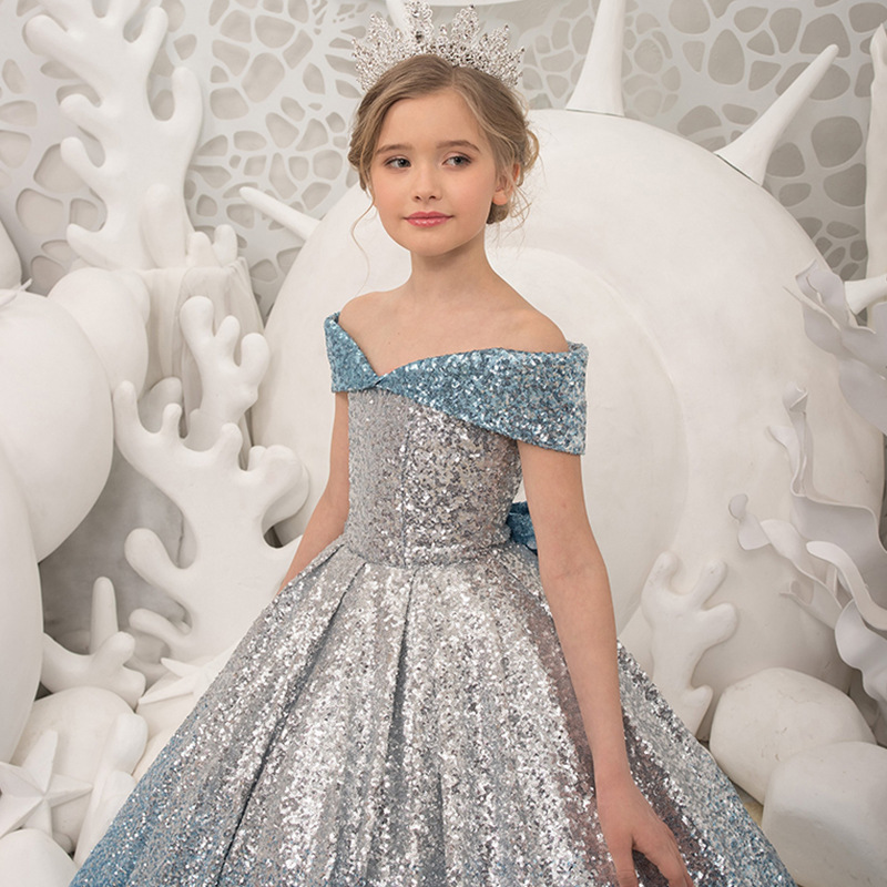 El comercio exterior de Europa y América Amazon AliExpress deseo nuevo vestido de novia con lentejuelas fuera del hombro vestido de los niños comunión vestido de princesa