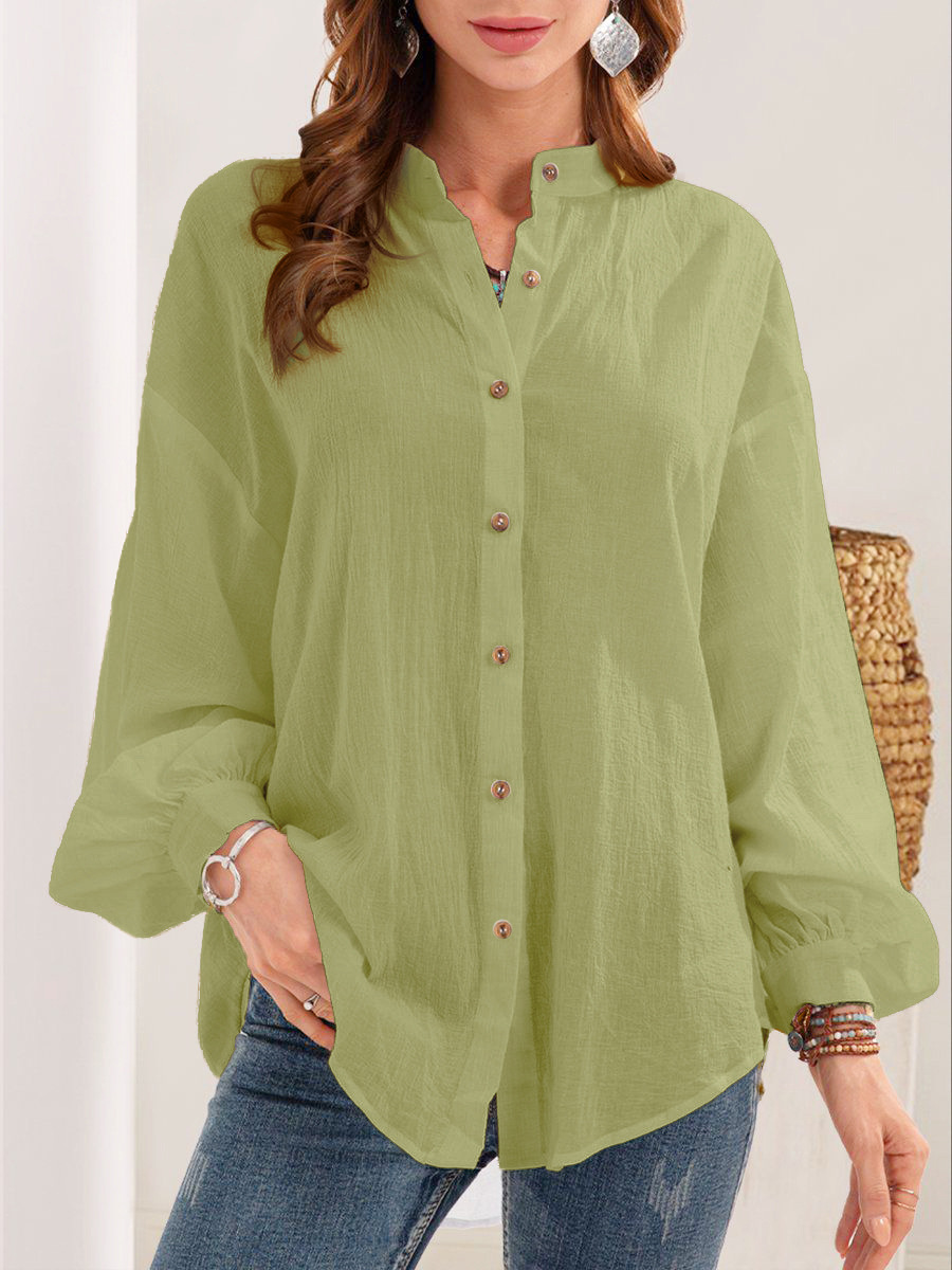 Women's New Solid Color Long Sleeve Cotton Linen Casual Shirt