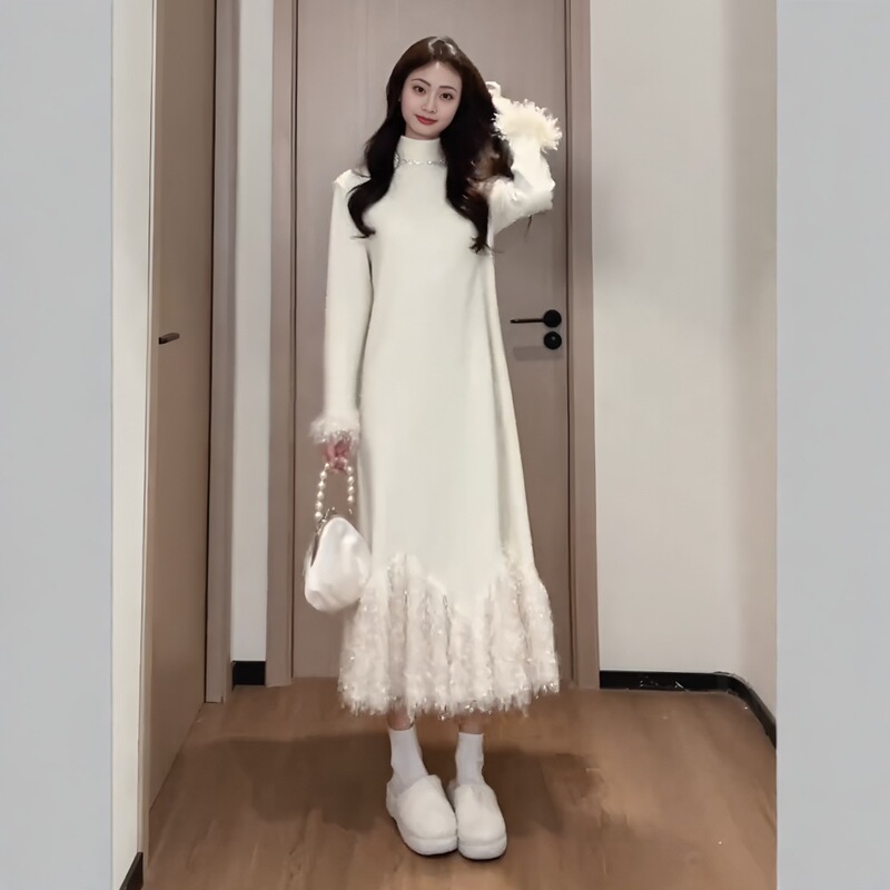 Plus Size French Style Ladylike Style Tassel Knitted Dress for Women in Spring Fat Fleece-Lined Slimming Look Inner Skirt Plus Size French Style Ladylike Style Tassel Knitted Dress for Women in Spring Fat Fleece-Lined Slimming Look Inner Skirt