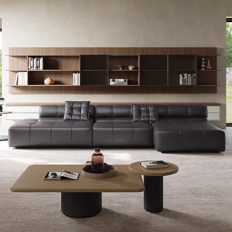 Sofá de cuero italiano minimalista, esquina de la sala de estar, sofá VIP sin reposabrazos, sofá negro