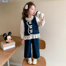 女童套装春秋款2025新款儿童洋气兔子牛仔马甲女宝宝早秋装三件套
