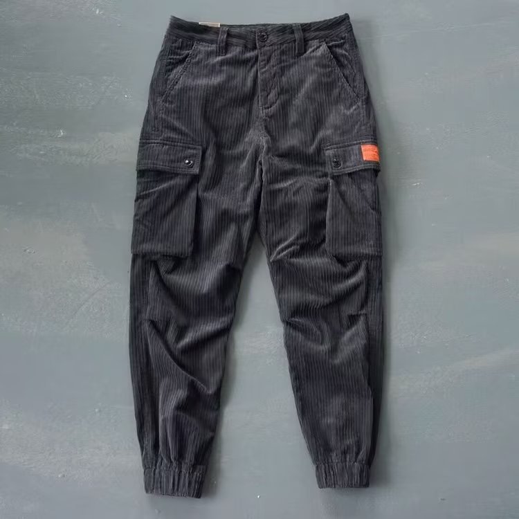 Nuevo mono de Bolsillo grande retro para hombres pantalones casuales de moda sueltos de todo el partido de pana de moda Pantalones americanos atados al tobillo