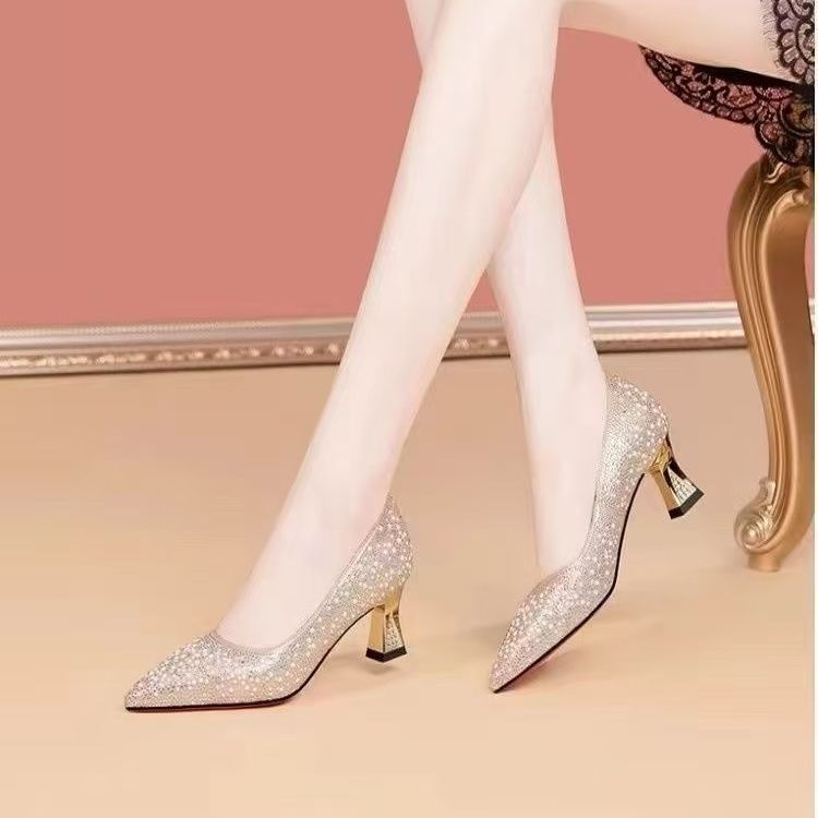 女性用ラインストーンハイヒール、義母用ウェディングシューズ、春スタイルレディース高級本革靴、太ヒールマザーズシューズ|undefined