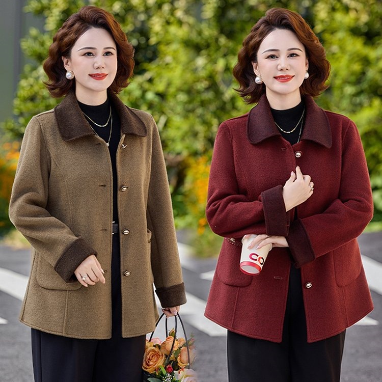Middle-aged and elderly woolen coat, large size, loose fit, with contrasting color collar and lace pockets, autumn and winter woolen jacket for mothers