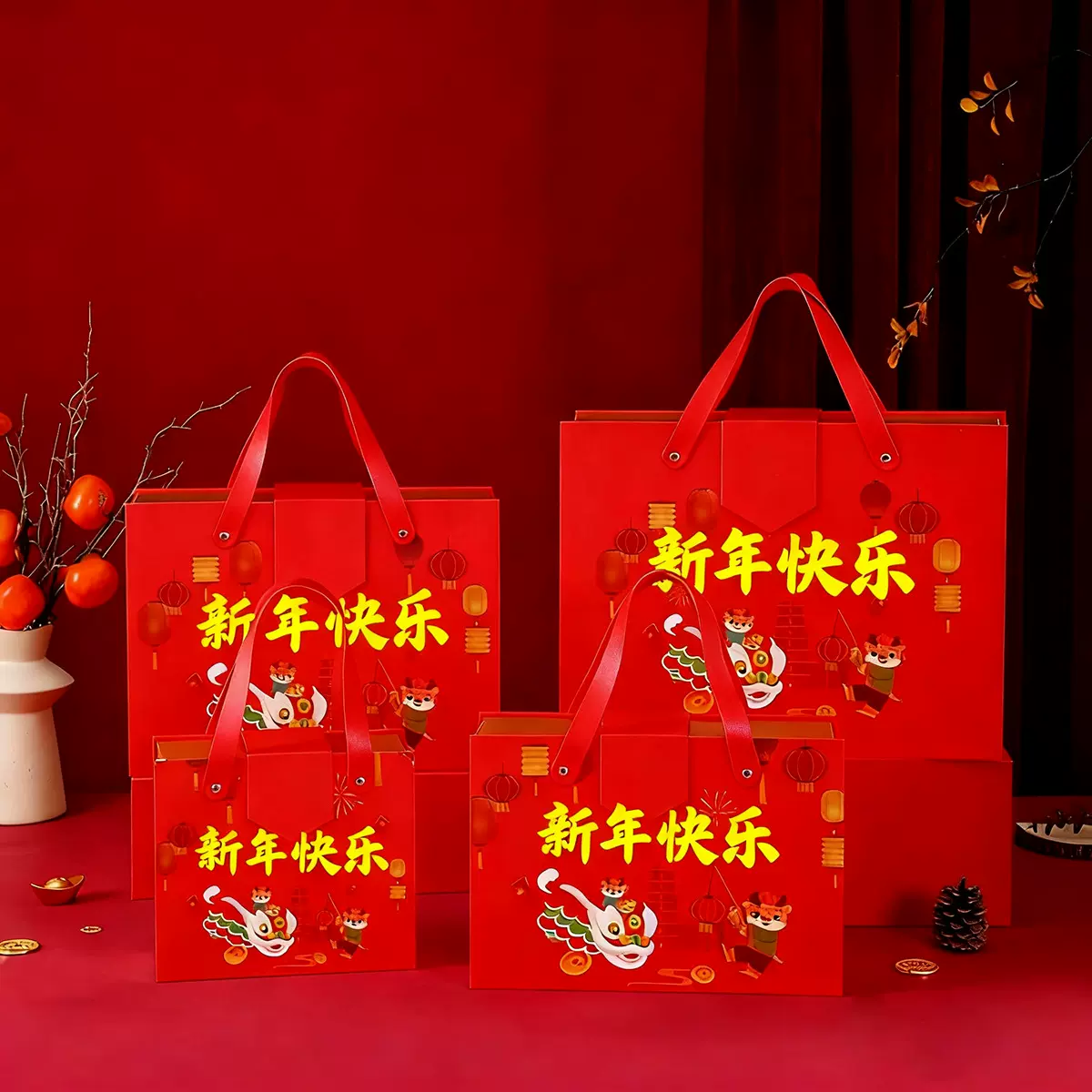 新年礼盒高端红色伴手礼糖果创意年货包装盒大号手提翻盖盒现货