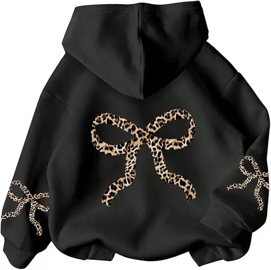 Women's Leopard Bow Print Hooded Sweatshirts Casual Long Sleeve Pullover Tops