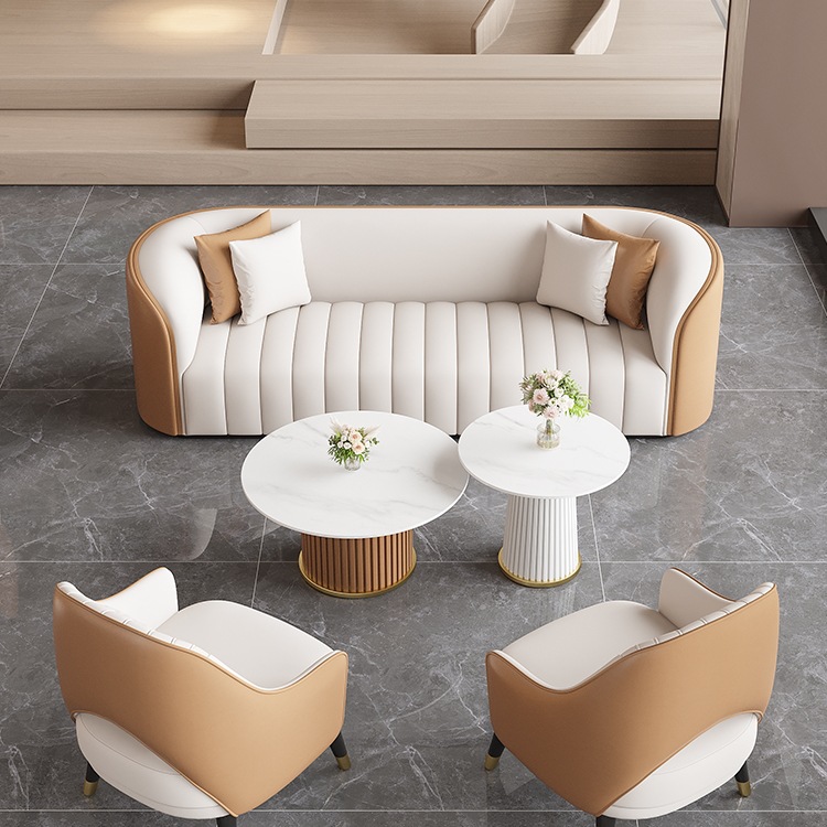 Sofá simple y lujoso, mesa de té, hotel de ocio, recepción de ventas, mesa y silla, salón de belleza para invitados.