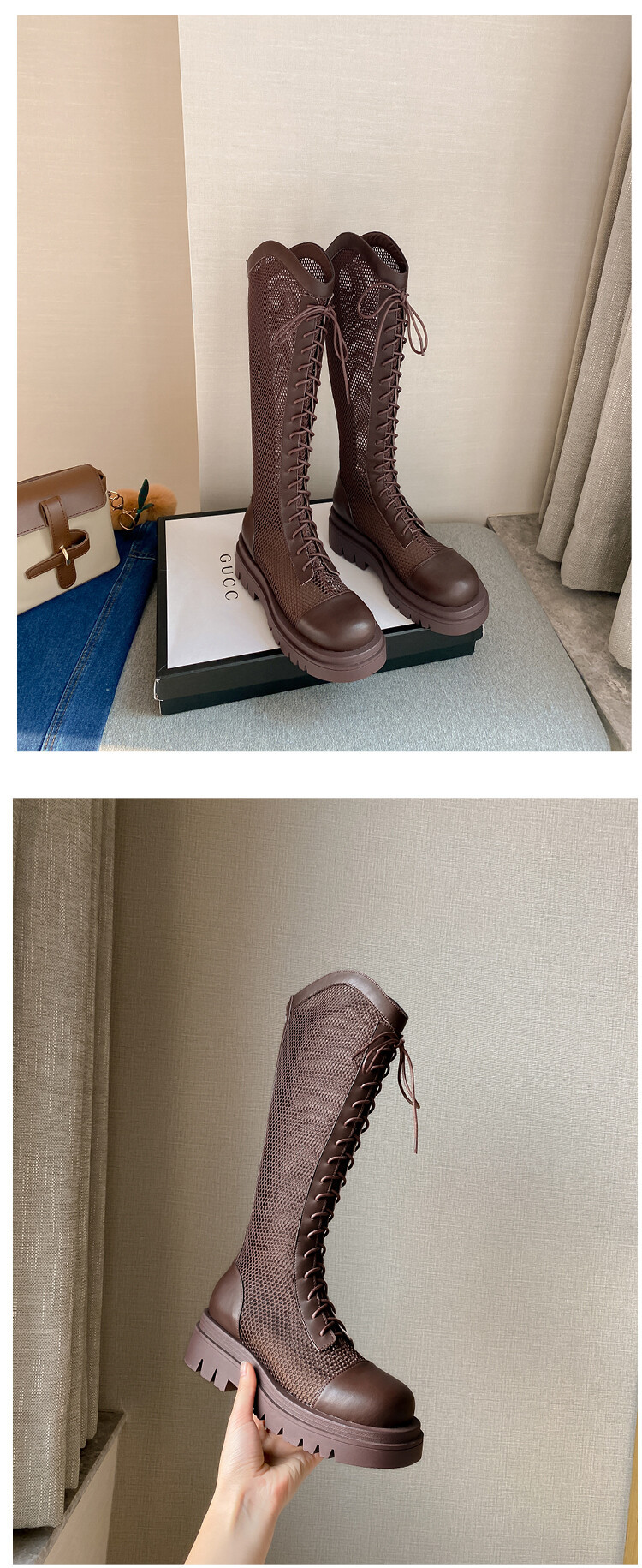 Boot lưới da thật cổ cao đế dày thoáng khí mùa xuân hè phong cách kỵ sĩ buộc dây — Màu nâu ống lớn, Màu đen cổ ống lớn, Ống nhỏ màu đen, Ống nhỏ màu be chi tiết 61