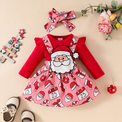Baby Christmas long-sleeved top strap dress set Santa Grandpa jumpsuit solid color hat dress
