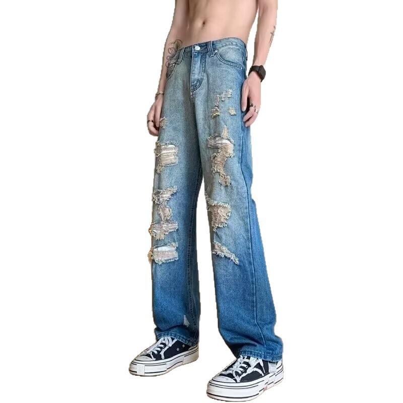 Men's Distressed Jeans Black to Gray Washed Straight-Leg Denim Pants High Street Grunge Style_mkmklike.com