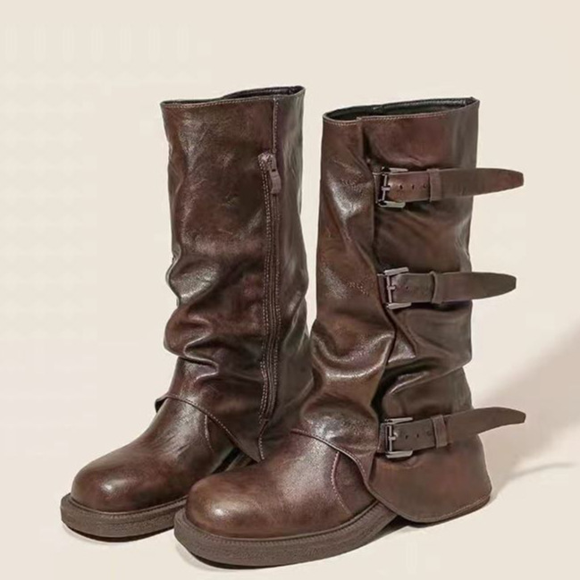 Wasteland Style Women's Black Retro Ruched Slouch Boots Martin Boots Super Cool Belt Buckle Mid-Calf Pants Boots Trendy