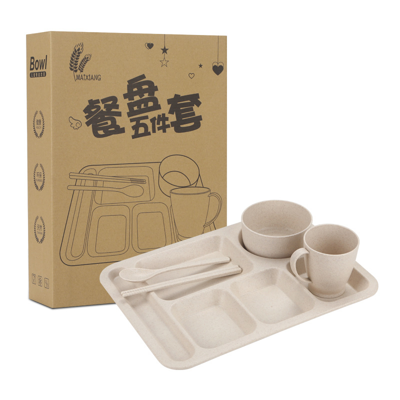 Wheat Straw Divided Plate Set Adult Student Large Capacity Plastic Anti-Slip Deep Fast Food Plate