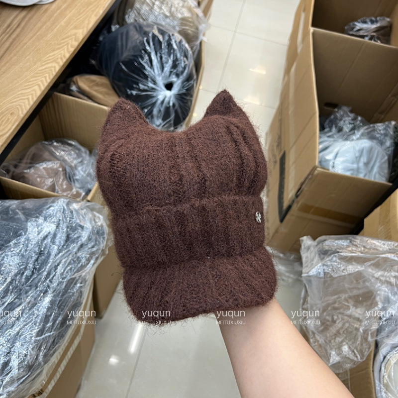可爱猫耳朵韩版秋冬新款保暖装饰清新针织毛绒帽子显脸小鸭舌帽潮|undefined