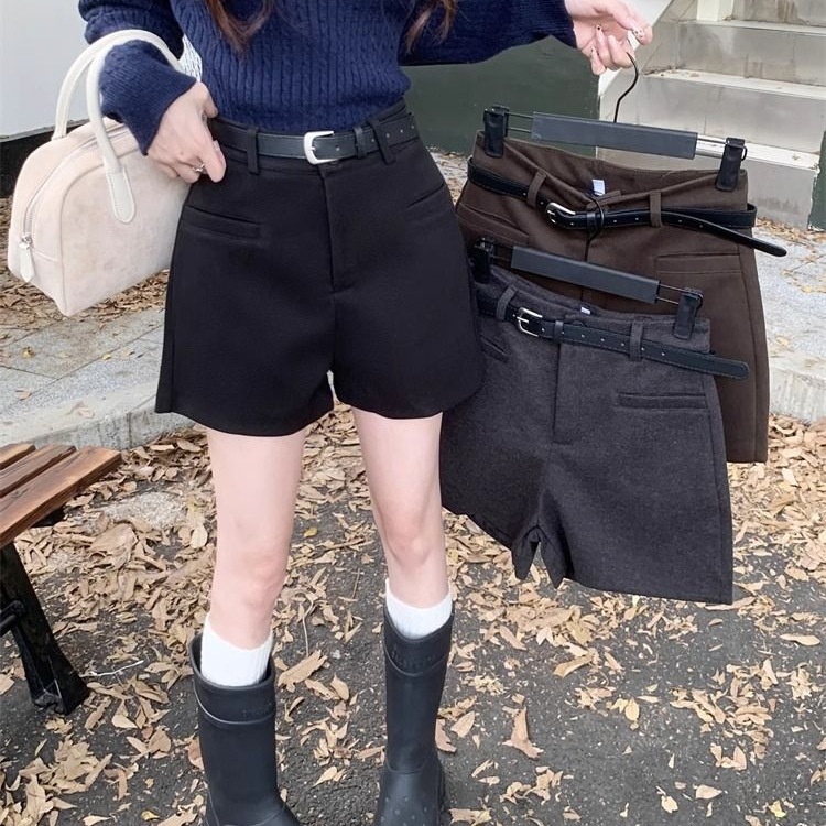咖色毛呢高腰a字短裤女秋冬款配靴子外穿靴裤显瘦宽松直筒休闲裤