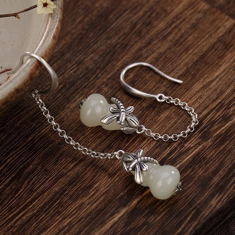 Vintage Gourd Dragonfly Earrings Women's Silver Plated Earrings Long Elegant Ear Hook Chinese Ethnic Imitation Hetian Jade Earrings