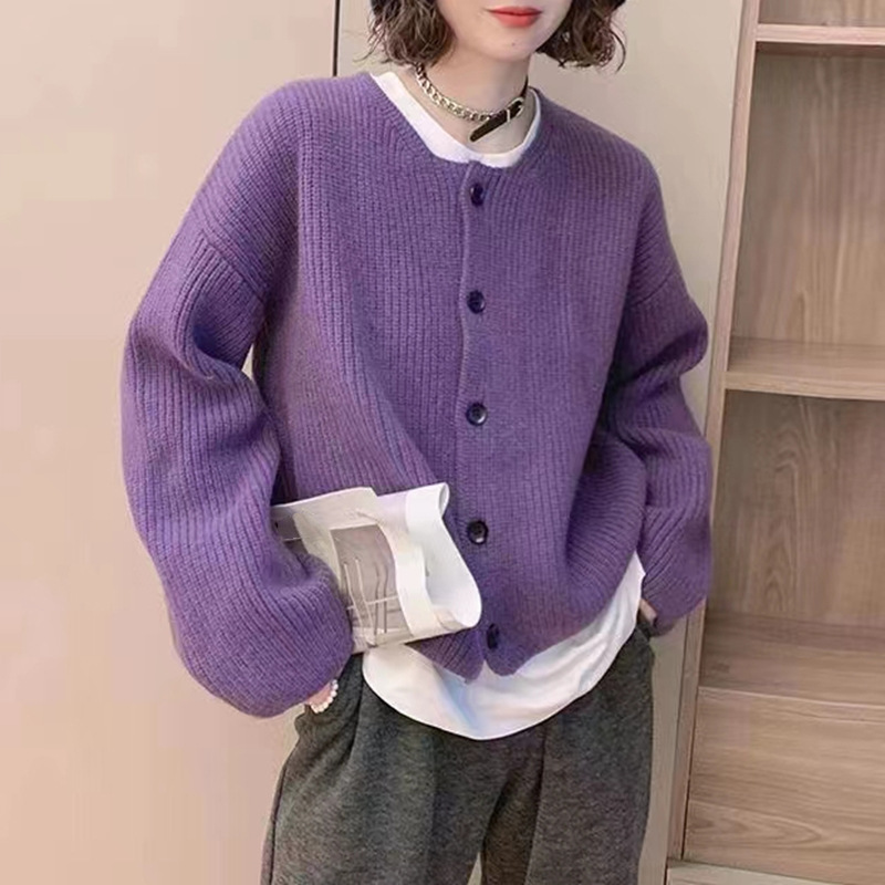 韩版短款纯色针织毛衣外套女2024秋冬新款宽松简约圆领针织开衫女