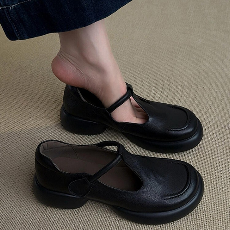 羊皮版~真皮复古简约圆头厚底玛丽珍鞋女通勤百搭黑色小皮鞋单鞋|undefined