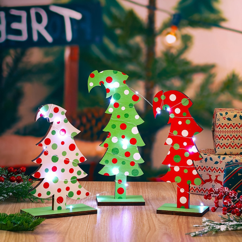 国境を越えたtemuの新しいクリスマス三色波点クリスマスツリーの木製デスクトップ装飾品|undefined