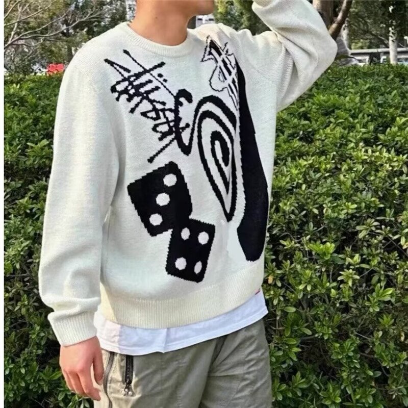 Sweater Autumn and Winter Jacquard Lazy Loose New Men's and Women's Letters Crewneck Pullover Dice Black Eight Billiards Knitwear Sweater Autumn and Winter Jacquard Lazy Loose New Men's and Women's Letters Crewneck Pullover Dice Black Eight Billiards Knitwear