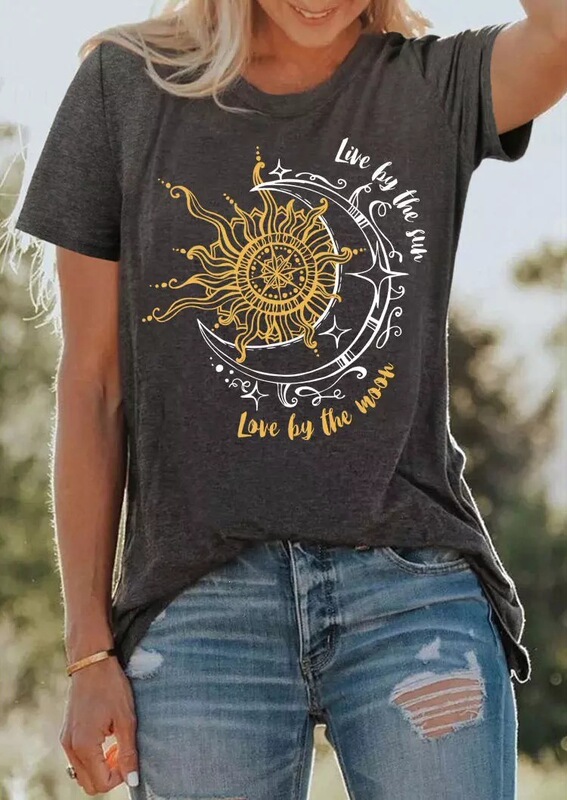 In Stock! Short-Sleeved T-Shirt for Women, Amazon Independent Site, Spring and Summer Women's Clothing, Sun and Moon Print Pattern, Fashionable T-Shirt