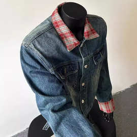 美式复古格纹翻领牛仔外套男春秋款潮牌设计感小众高级感短款夹克