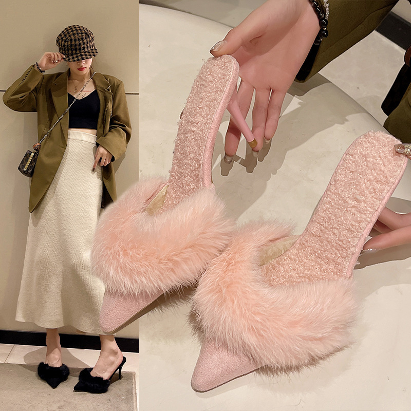 Furry High-Heeled Slippers for Women, Fashionable Outer Wear, 2025 New Style, Pointed Toe, Stiletto Heel, Baotou Mule Half Slippers for Women, Trendy
