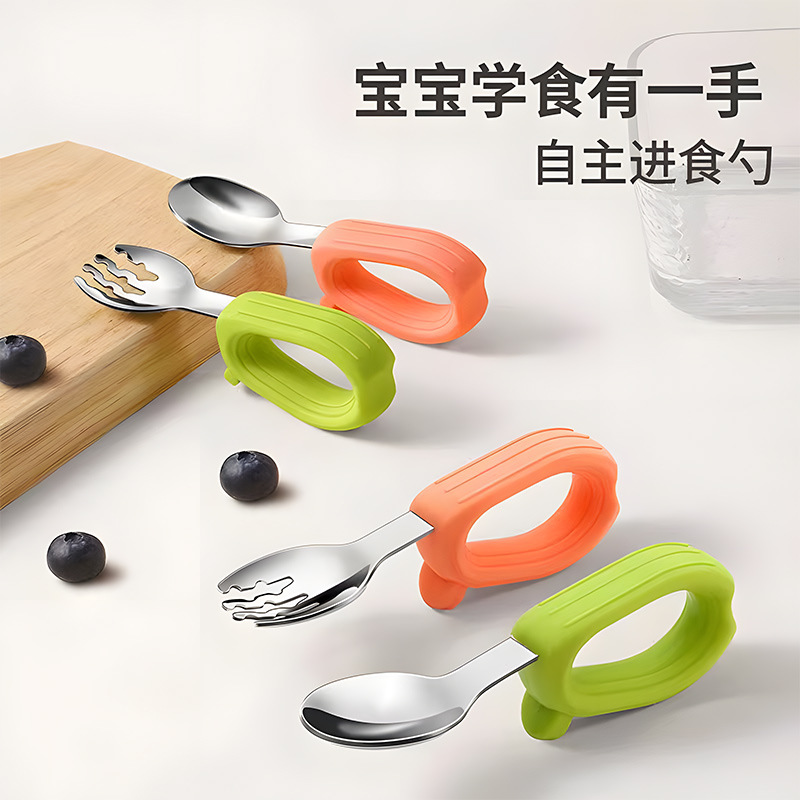Wholesale children's training learning to eat short handle spoon Fork baby food spoon fork spoon stainless steel baby tableware