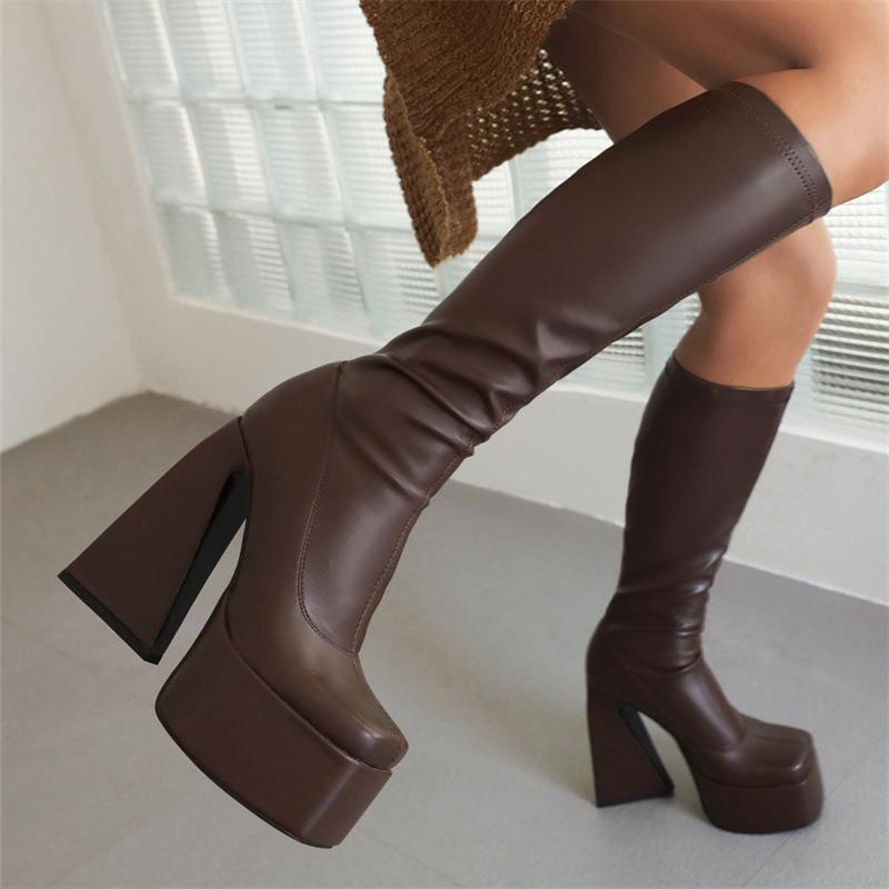 2026 European and American style thick-soled high-heeled boots with unique heel and square toe, size 40-44, fashionable elastic knee-high women's boots