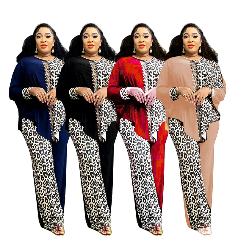 Cross-border Foreign Trade Europe, America and Africa plus size Loose Bat Sleeve Leopard Color Matching Rhinestone Top Pants suit
