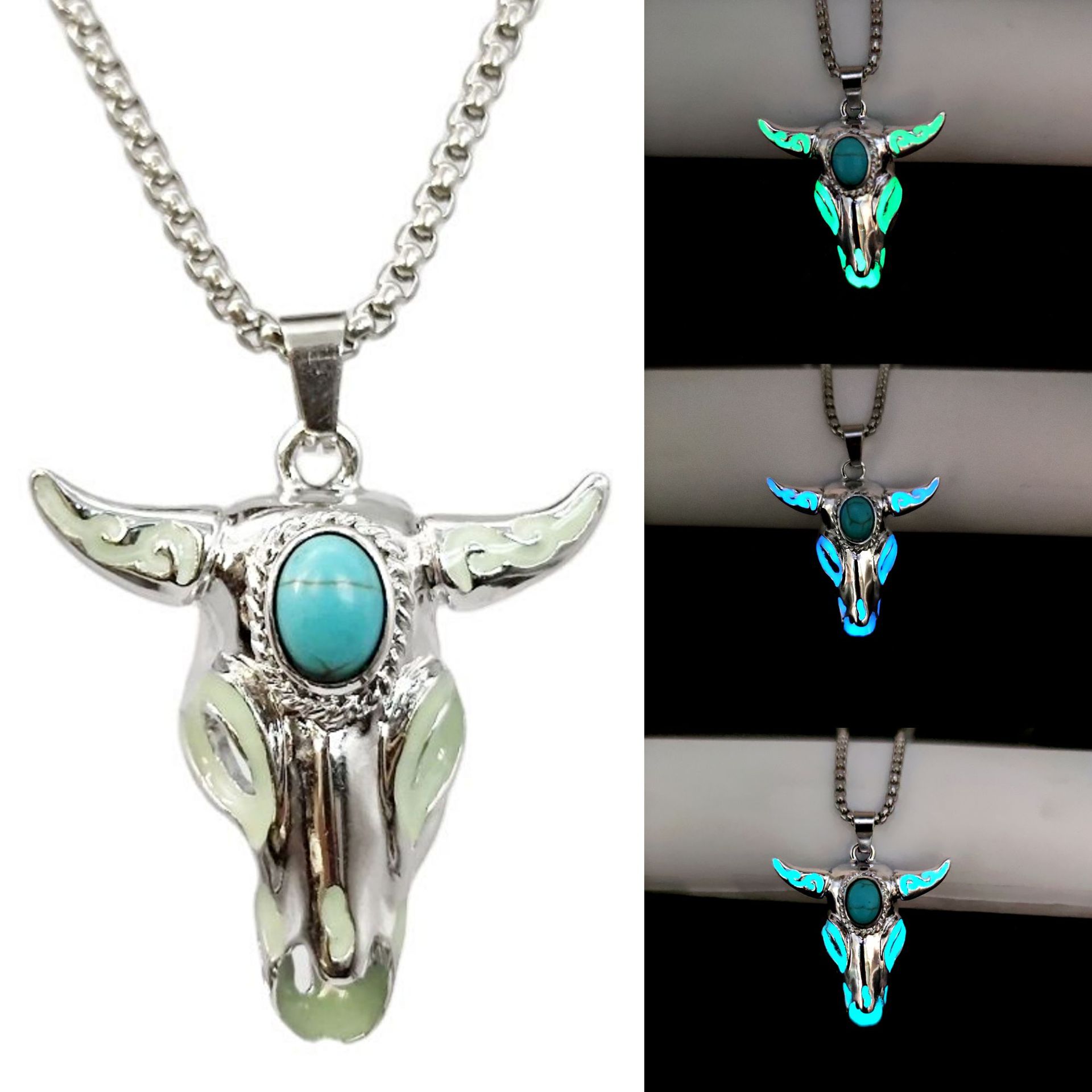 Pendant Necklace Classification Retro Cattle Alloy Inlaid Turquoise Unisex Pendant Necklace 1 Piece