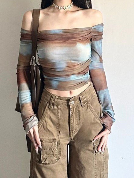 女性用ワンショルダーTシャツ、春スリムフィットトップ、グラデーションへそ出し長袖ボトムシャツ、2025年夏新スタイル|undefined