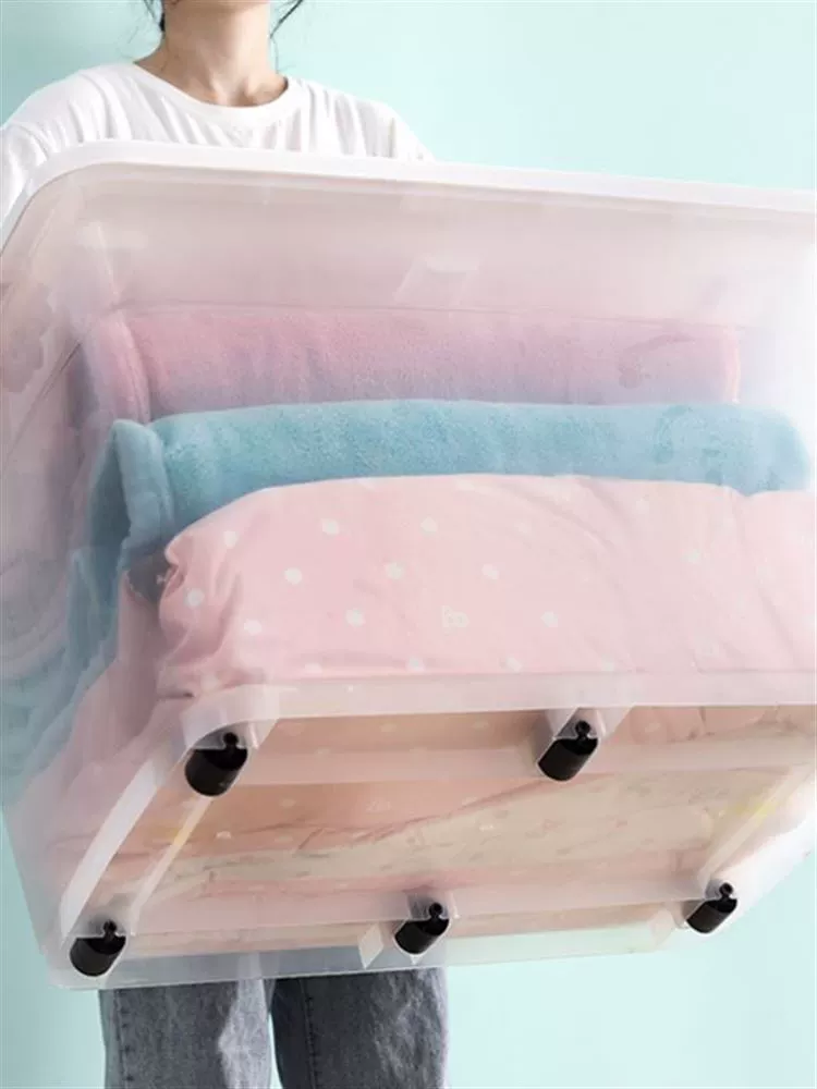 Plastic storage box, storage system, duvet