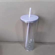 DIY24oz透明双层亚克力吸管杯小清新杯底部带孔塑料杯塑料杯外贸