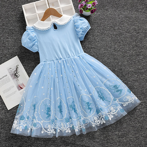 Elsa Summer Dress for Princesses and Children, Children's Summer Short Sleeve Cotton Lace Elsa Dress, Birthday Dress Trendy