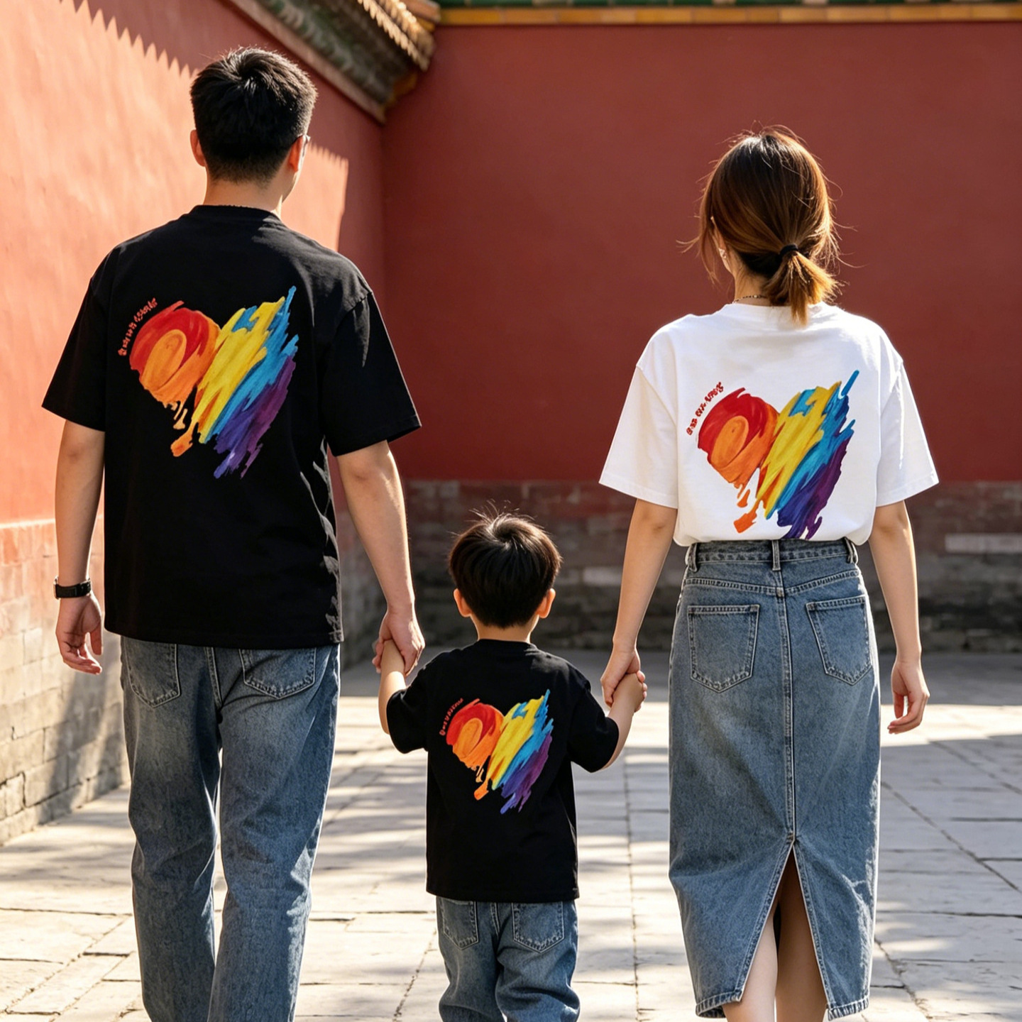 Rainbow Heart Parent-Child Outfit 2026 New Style Family of Three Beach Vacation Mother-Daughter Mother-Son Short-Sleeve T-Shirts/Rompers