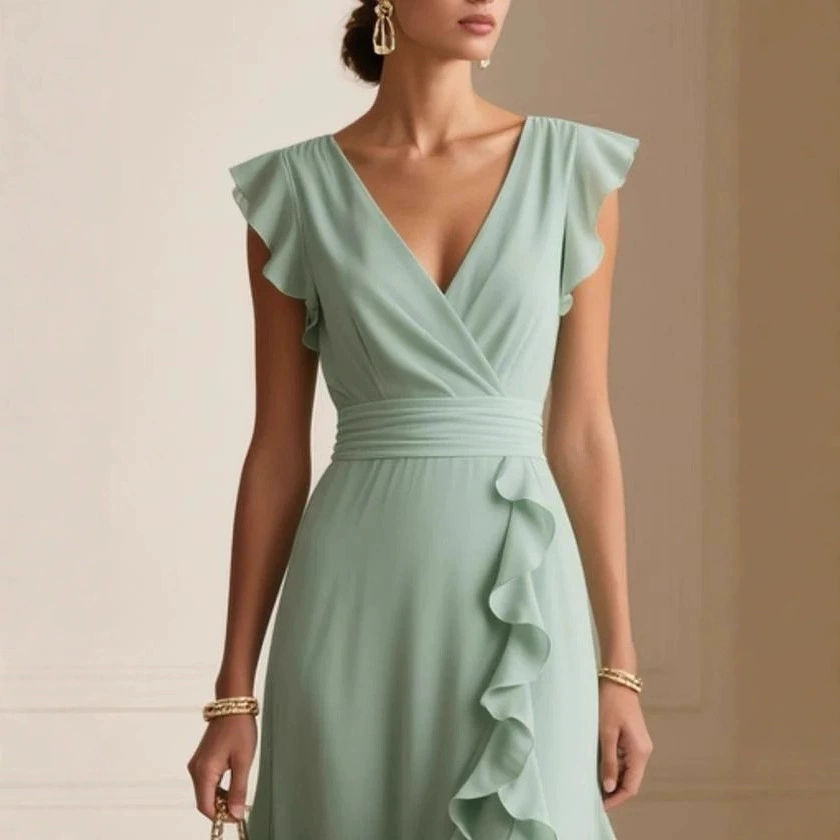 2025 Европейская и американская одежда независимого бренда Amazon однотонное плиссированное платье с короткими рукавами и V-образным вырезом длинное платье-юбка