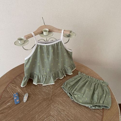 INS款夏季婴幼儿吊带碎花套装女宝宝拼色背心短裤两件套