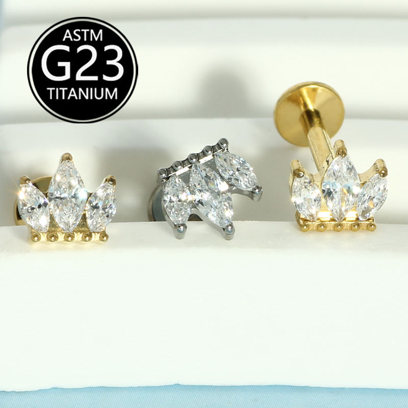 G23 Titanium Marquise CZ Crown Lip Labret Stud Internally Threaded Piercing Jewelry detail image 2