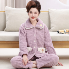 冬季睡衣女加厚摇粒绒中老年妈妈装保暖法兰绒简约休闲家居服套装
