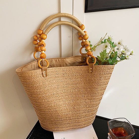 Storage Basket Bag, Rattan Handbag, Woven Shoulder Bag, Handmade Natural Rattan & Seagrass, Leather Trim, Eco-Friendly, Lightweight, Durable For Daily_voghion.com
