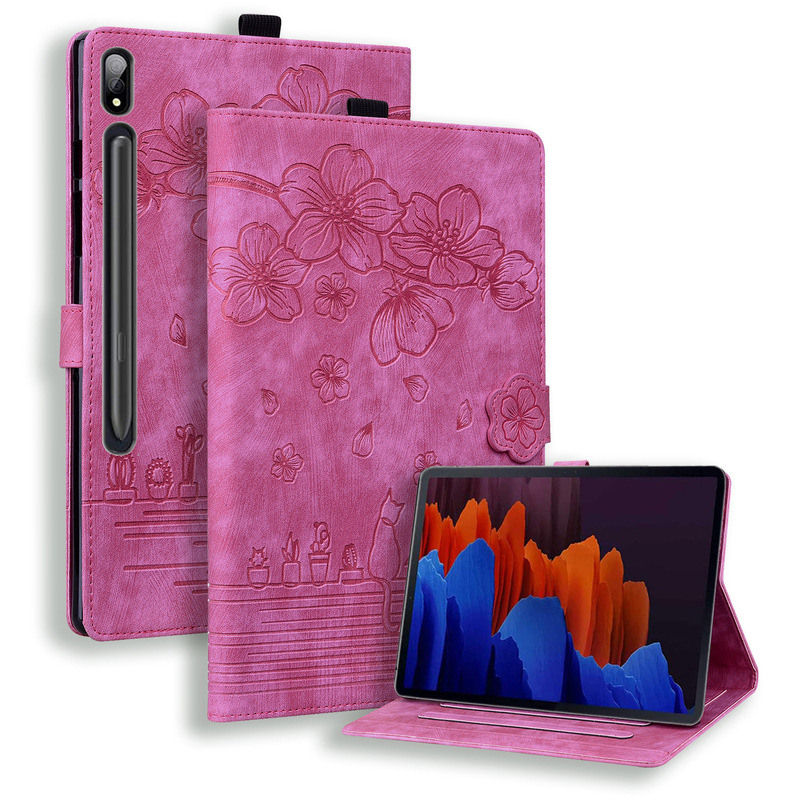 For Samsung Tab S8 Flat Leather Case Xiaomi Pad7 Vintage Frosted Embossed Card Holder Leather Case Cherry Blossom Cat For Samsung Tab S8 Flat Leather Case Xiaomi Pad7 Vintage Frosted Embossed Card Holder Leather Case Cherry Blossom Cat