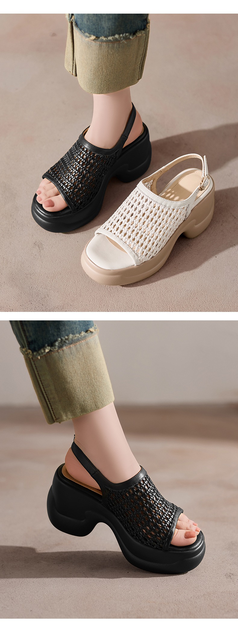 Sandal cao gót nữ mũi hở đế dày 8 cm kiểu dệt La Mã quai ngang — đen chi tiết 1