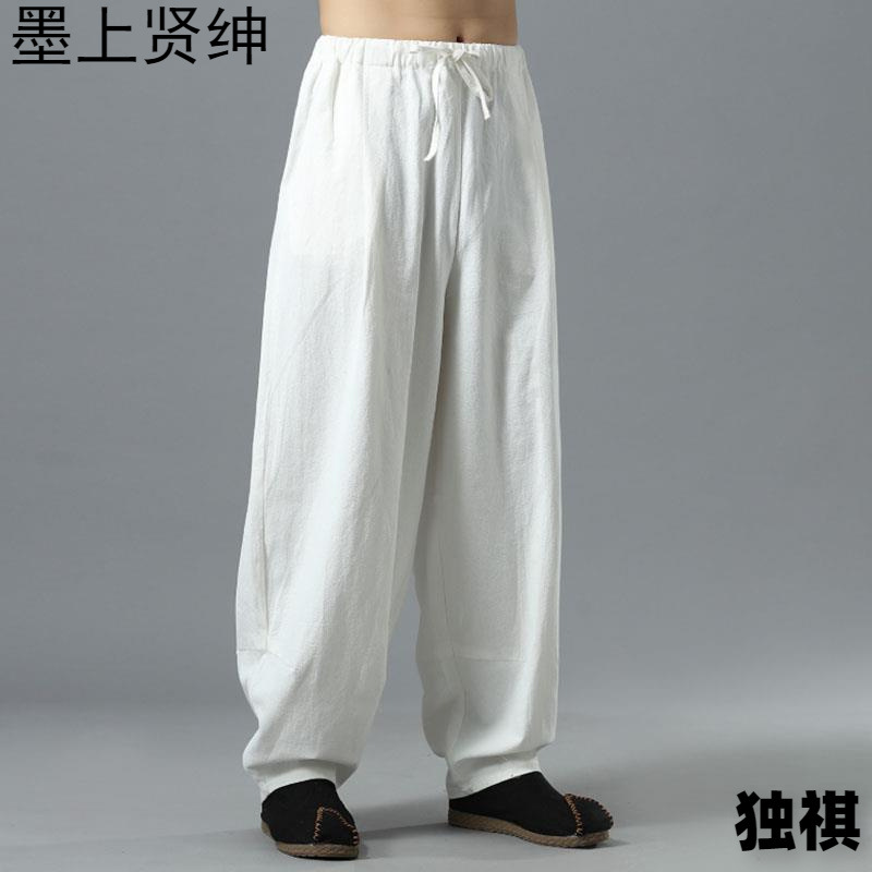 Meditación de verano de algodón y lino para hombres, ropa de lino de estilo étnico chino, pantalones largos de pierna ancha Zen, hombres