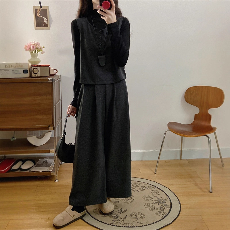 大码气质毛呢马甲长袖阔腿裤套装女2025秋冬洋气复古显瘦三件套|undefined