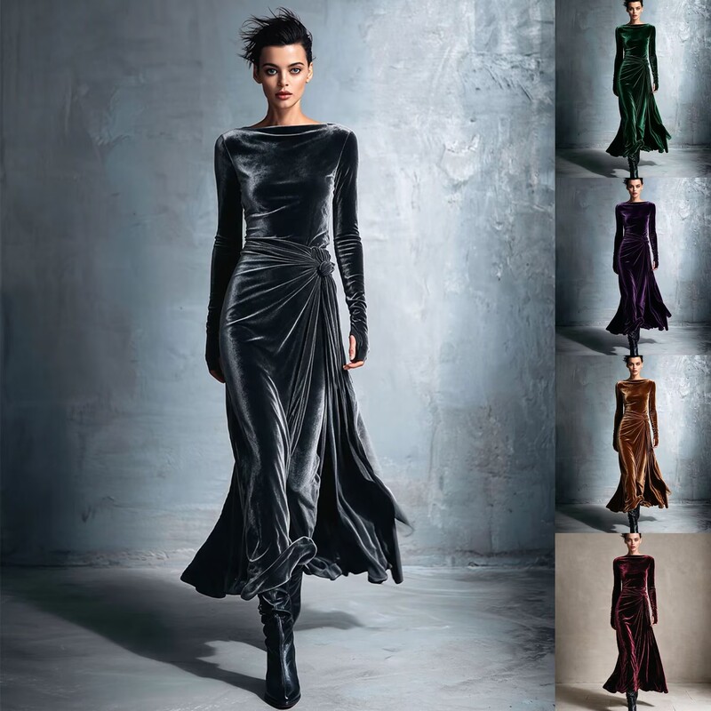 2026 Fall/Winter New European and American Cross-Border Fashion Velvet Turtleneck Slim-Fit Exquisite Long Dress for Women