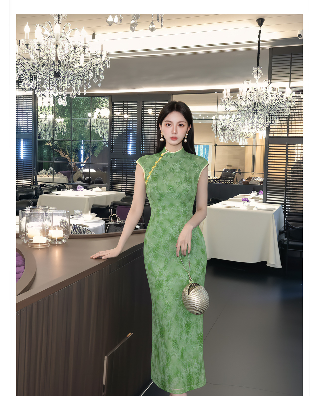 Đầm maxi nữ thắt eo cổ đứng tay dài họa tiết loang màu phong cách Tân Trung Hoa — Xanh lá cây nhạtcolor chi tiết 7